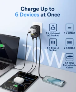 Universal 70W Travel Adapter with Retractable Cable and Fast Charging