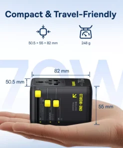 Universal 70W Travel Adapter with Retractable Cable and Fast Charging