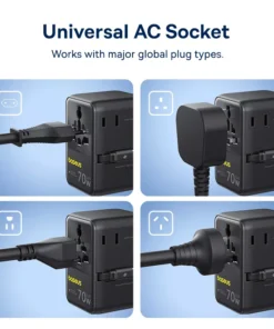 Universal 70W Travel Adapter with Retractable Cable and Fast Charging