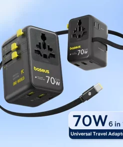 Universal 70W Travel Adapter with Retractable Cable and Fast Charging