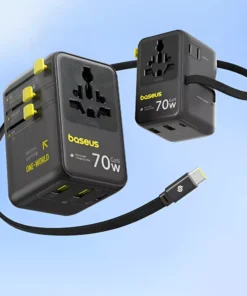 Universal 70W Travel Adapter with Retractable Cable and Fast Charging