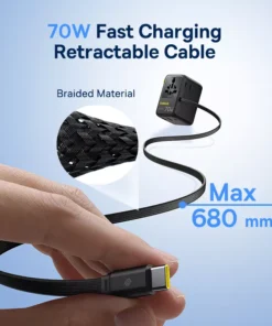 Universal 70W Travel Adapter with Retractable Cable and Fast Charging