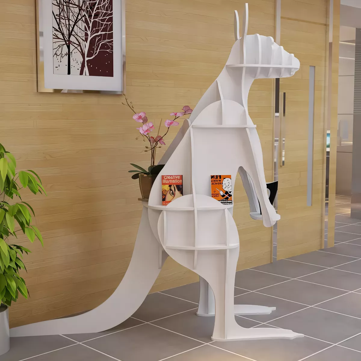 Modern Kangaroo-Shaped Wooden Bookshelf